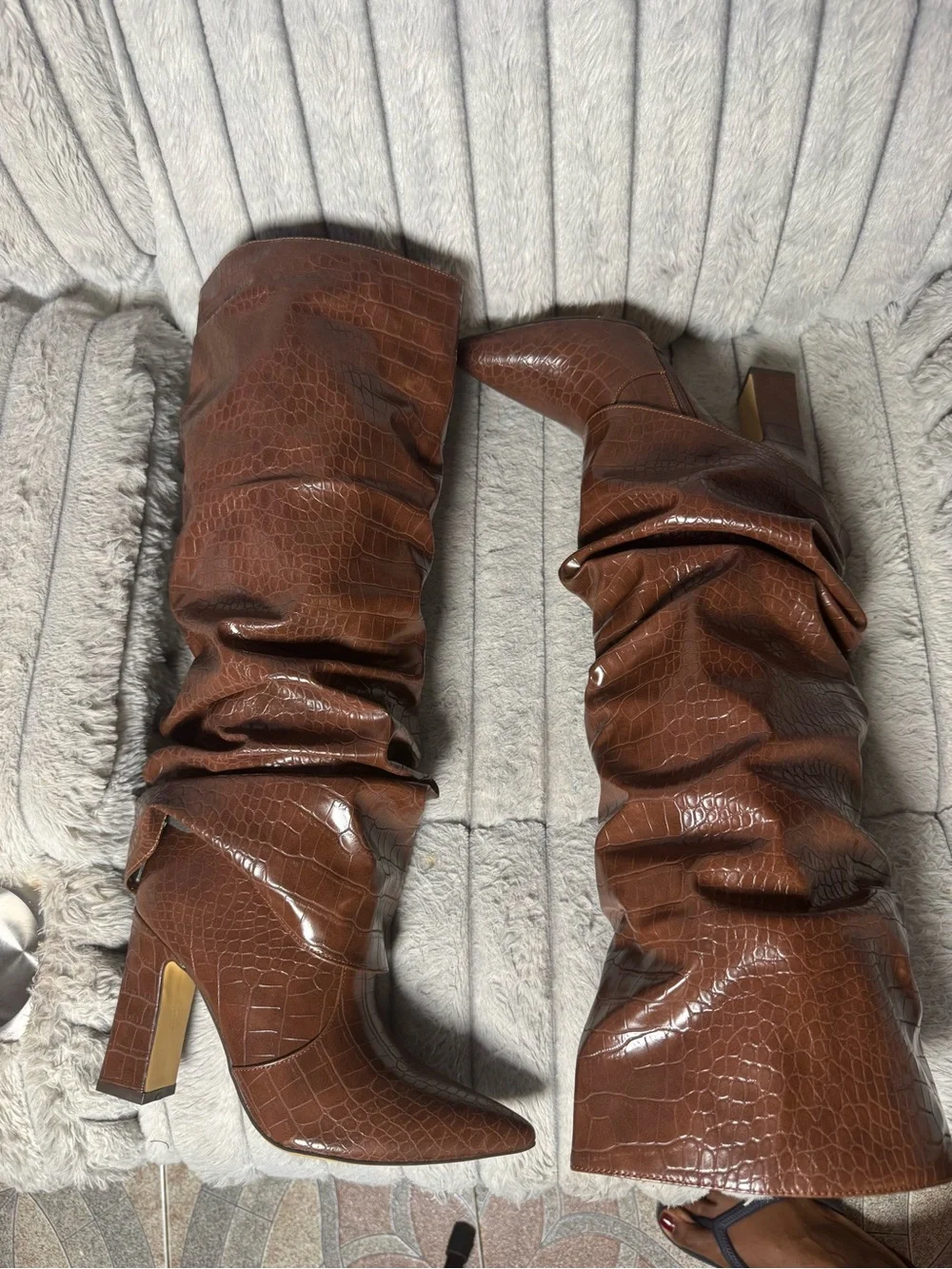 Croc-Embossed Slouch Over-the-Knee Boot in Brown
